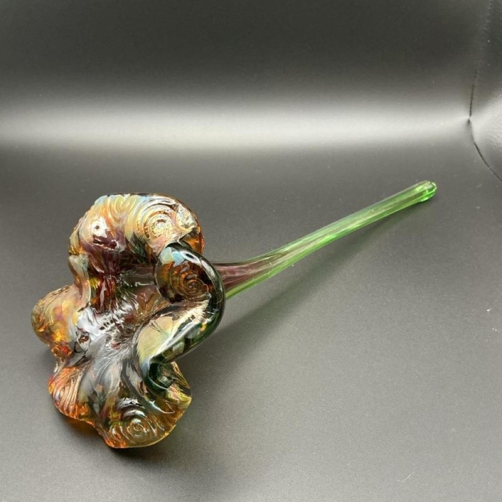 Hand Blown Glass Flower Art Sculpture Unisex OS Green Iridescent Excellent Swirl